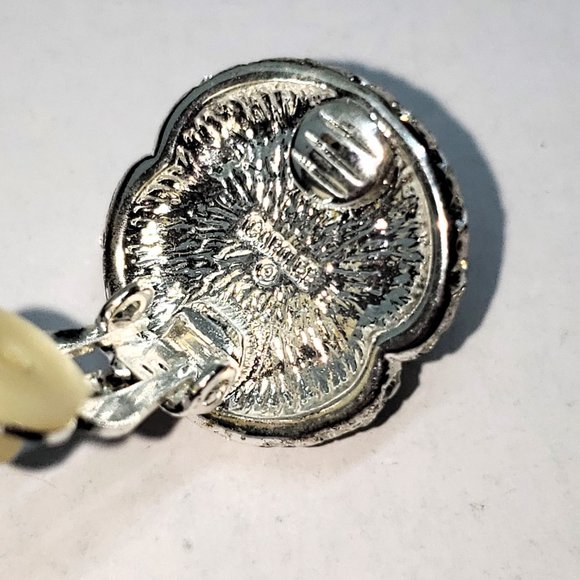 Carolee Clip-On Earrings Pave Rhinestones Faux Pearl Cabochons Silver Tone - Picture 9 of 10